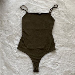 Kittenish Dark Olive Suede Bodysuit